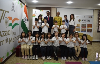 The students of the "Idrak" Lyceum attended a special Yoga session arranged by the Embassy of India, Baku on 25 April 2023. Yoga instructor Mr Elchin Guliyev taught Yoga exercises to the young school children. "Idrak" Lyceum has been celebrating this week as the International Culture Week. The school children enthusiastically participated in the Yoga session.